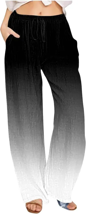 Women's Gradient Palazzo Pants 2025 Summer Casual Boho Wide Leg Drawstring High Waist Lounge Trousers with Pockets