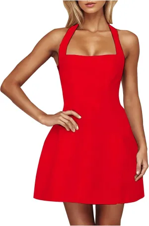 Womens Halter Dress Summer Solid Color A Line Wrap Short Dresses Sleeveless Mini Sundresses Workout Outfits Clothes