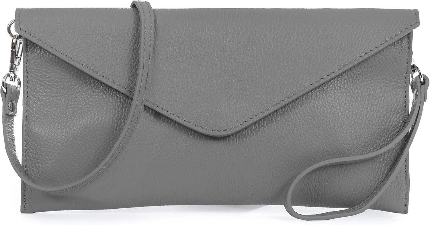 Women's Leather Wristlets Clutch Bag in Envelope Shape - 100% Italian Leather with Long Shoulder Strap