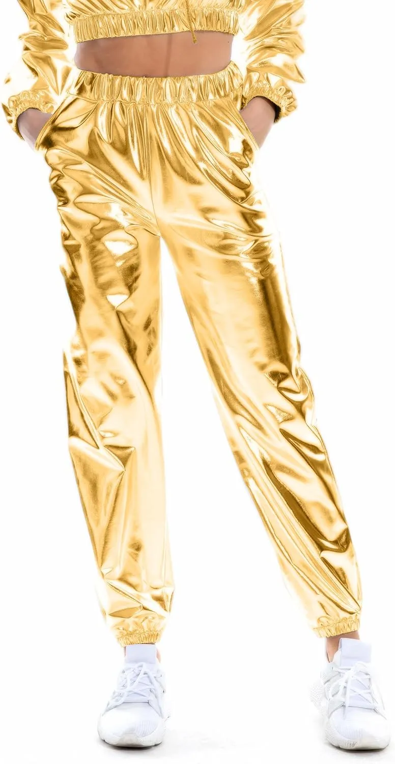 Women's Metallic Shiny Jogger Casual Holographic Color Streetwear Pants Hip Hop Fashion Smooth Elastic Trousers
