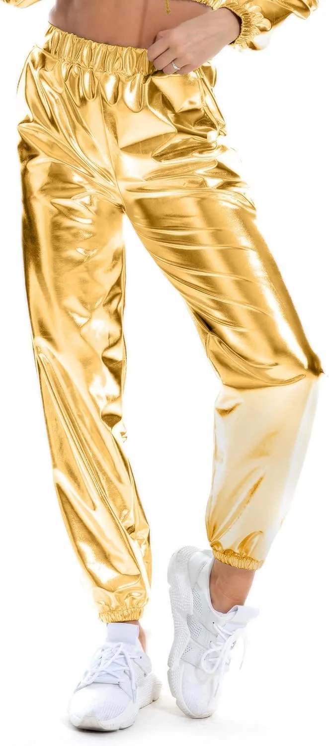 Women's Metallic Shiny Jogger Casual Holographic Color Streetwear Pants Hip Hop Fashion Smooth Elastic Trousers