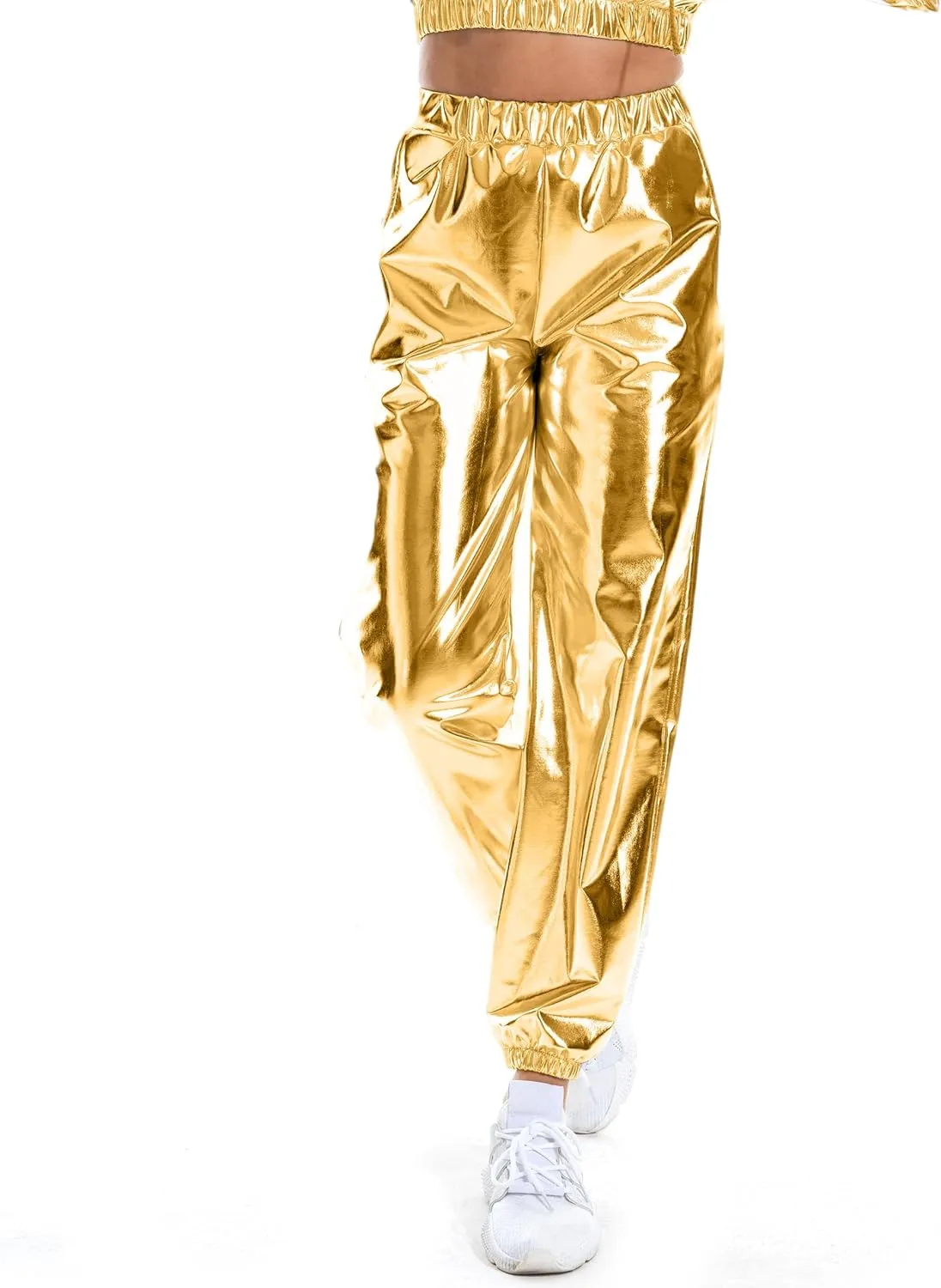 Women's Metallic Shiny Jogger Casual Holographic Color Streetwear Pants Hip Hop Fashion Smooth Elastic Trousers