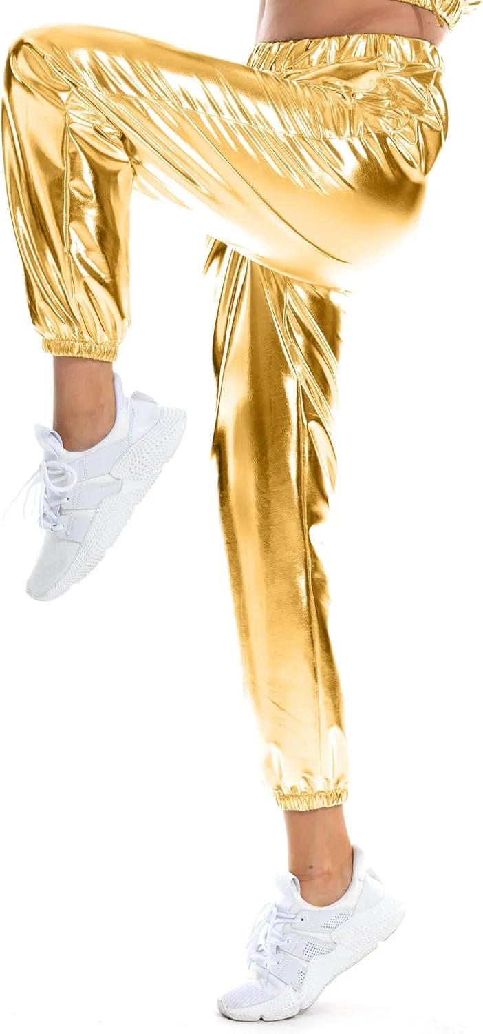 Women's Metallic Shiny Jogger Casual Holographic Color Streetwear Pants Hip Hop Fashion Smooth Elastic Trousers