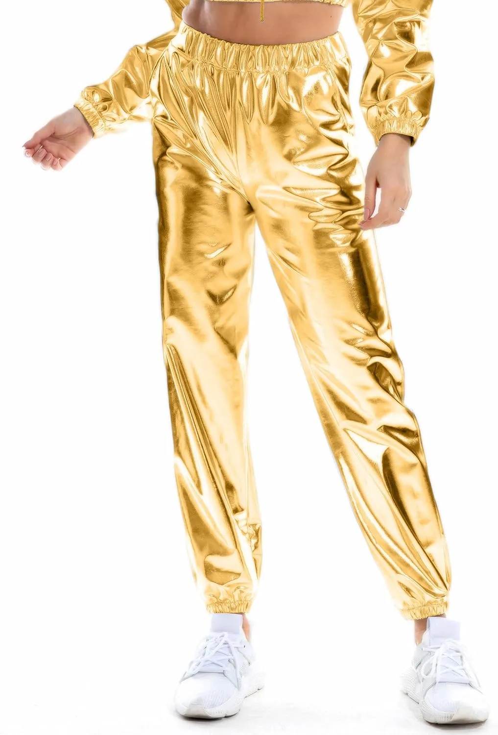 Women's Metallic Shiny Jogger Casual Holographic Color Streetwear Pants Hip Hop Fashion Smooth Elastic Trousers