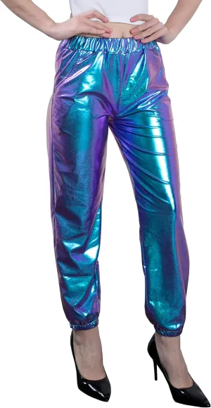 Women's Metallic Shiny Jogger Casual Holographic Color Streetwear Pants Hip Hop Fashion Smooth Elastic Trousers
