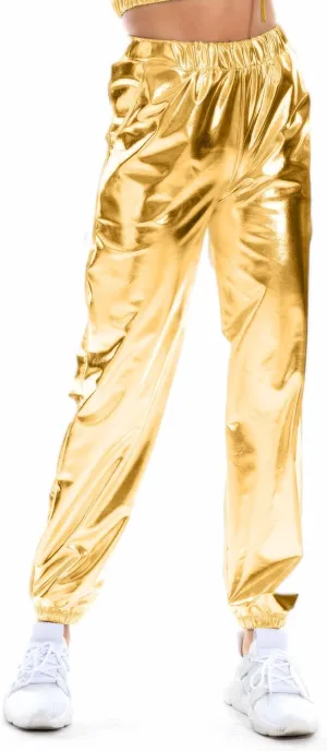 Women's Metallic Shiny Jogger Casual Holographic Color Streetwear Pants Hip Hop Fashion Smooth Elastic Trousers