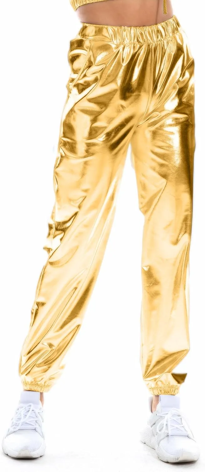 Women's Metallic Shiny Jogger Casual Holographic Color Streetwear Pants Hip Hop Fashion Smooth Elastic Trousers