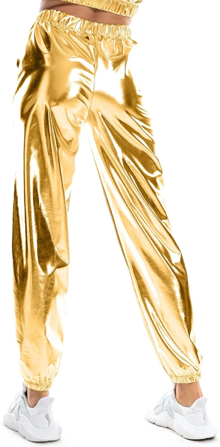 Women's Metallic Shiny Jogger Casual Holographic Color Streetwear Pants Hip Hop Fashion Smooth Elastic Trousers