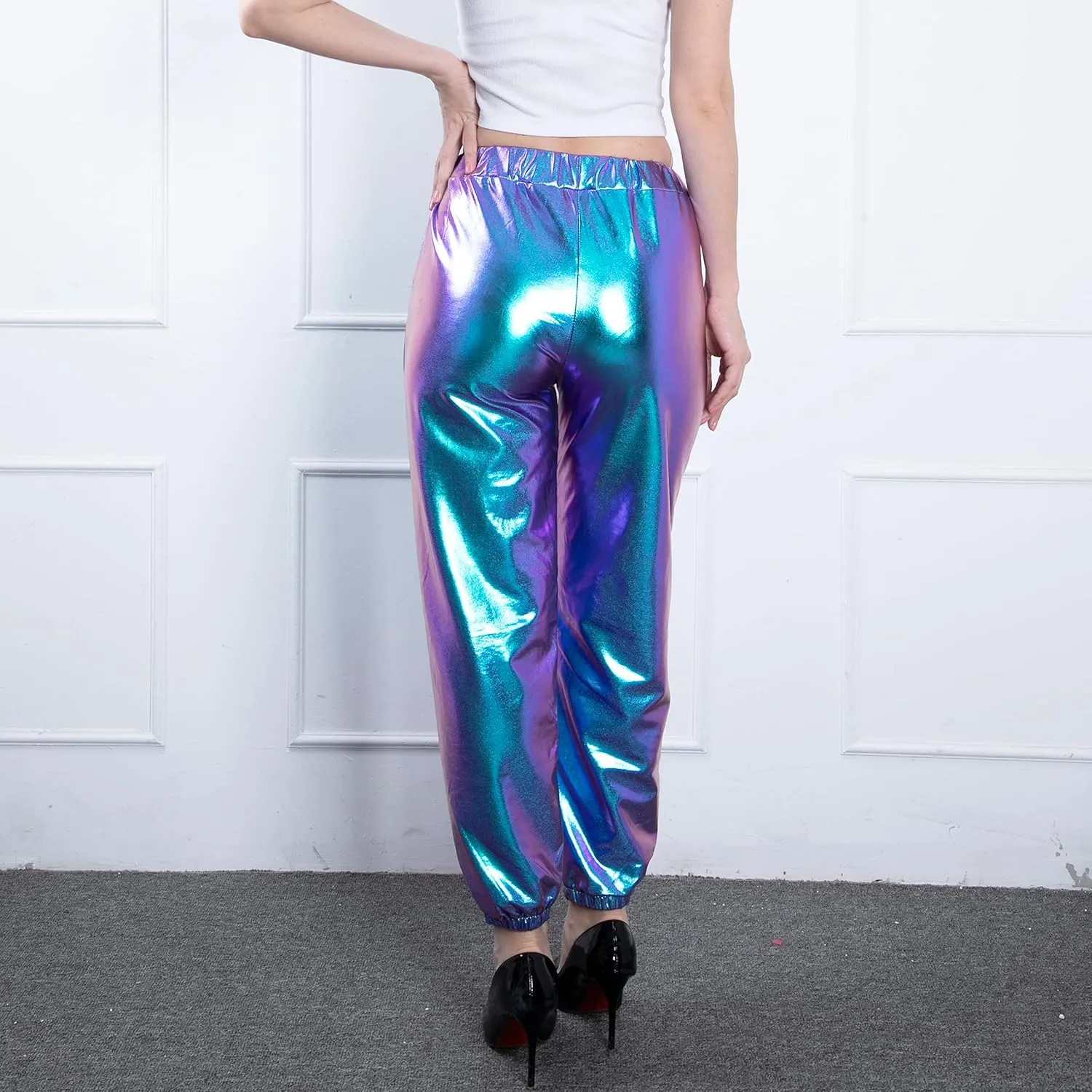 Women's Metallic Shiny Jogger Casual Holographic Color Streetwear Pants Hip Hop Fashion Smooth Elastic Trousers