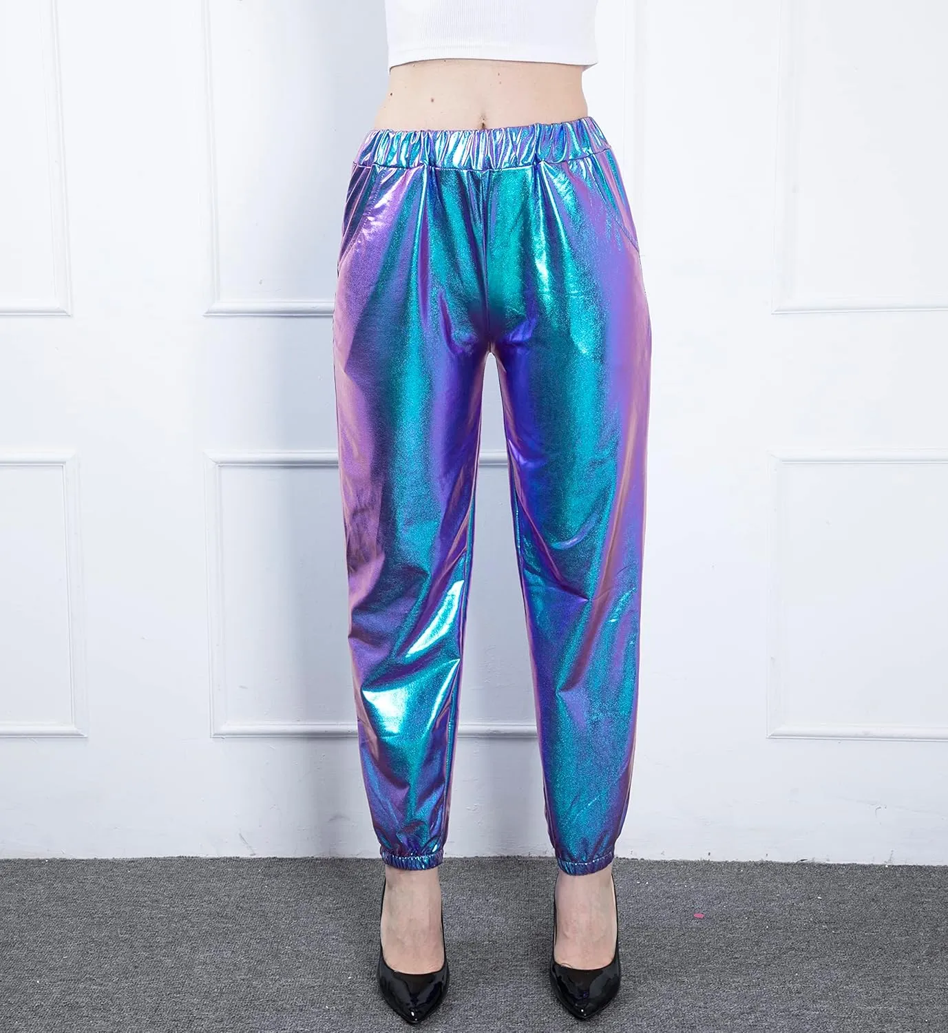 Women's Metallic Shiny Jogger Casual Holographic Color Streetwear Pants Hip Hop Fashion Smooth Elastic Trousers