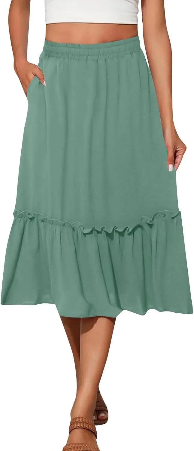 Women's Midi Summer Flowy Swing A-Line Skirts Casual Elastic Waist Tiered Long Skirt Beach Vacation Outfits Clothes