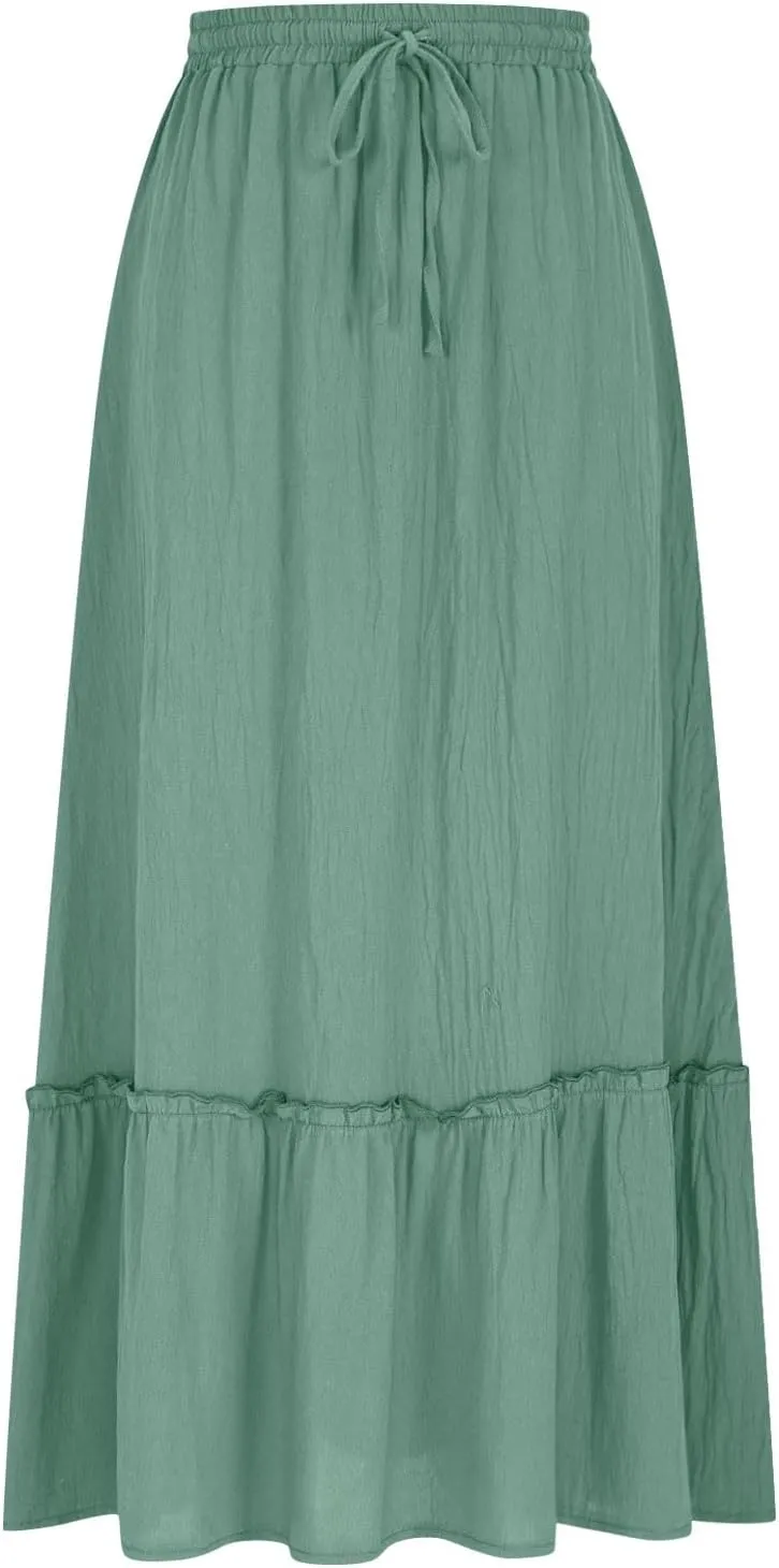 Women's Midi Summer Flowy Swing A-Line Skirts Casual Elastic Waist Tiered Long Skirt Beach Vacation Outfits Clothes