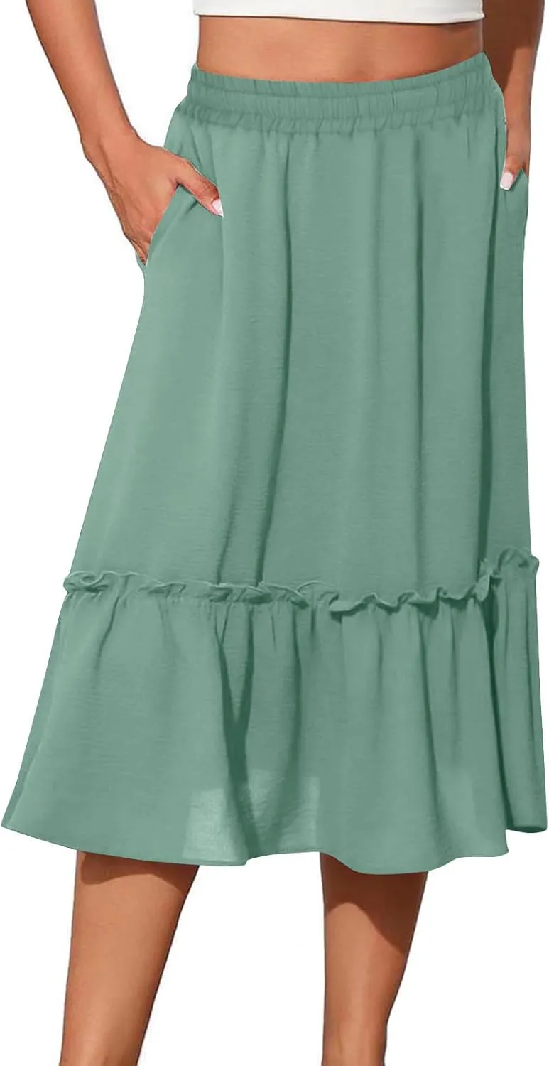 Women's Midi Summer Flowy Swing A-Line Skirts Casual Elastic Waist Tiered Long Skirt Beach Vacation Outfits Clothes
