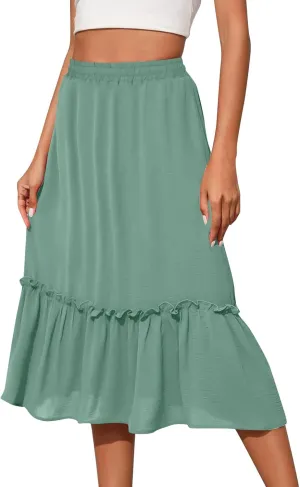 Women's Midi Summer Flowy Swing A-Line Skirts Casual Elastic Waist Tiered Long Skirt Beach Vacation Outfits Clothes