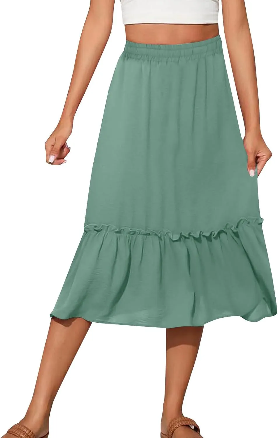 Women's Midi Summer Flowy Swing A-Line Skirts Casual Elastic Waist Tiered Long Skirt Beach Vacation Outfits Clothes