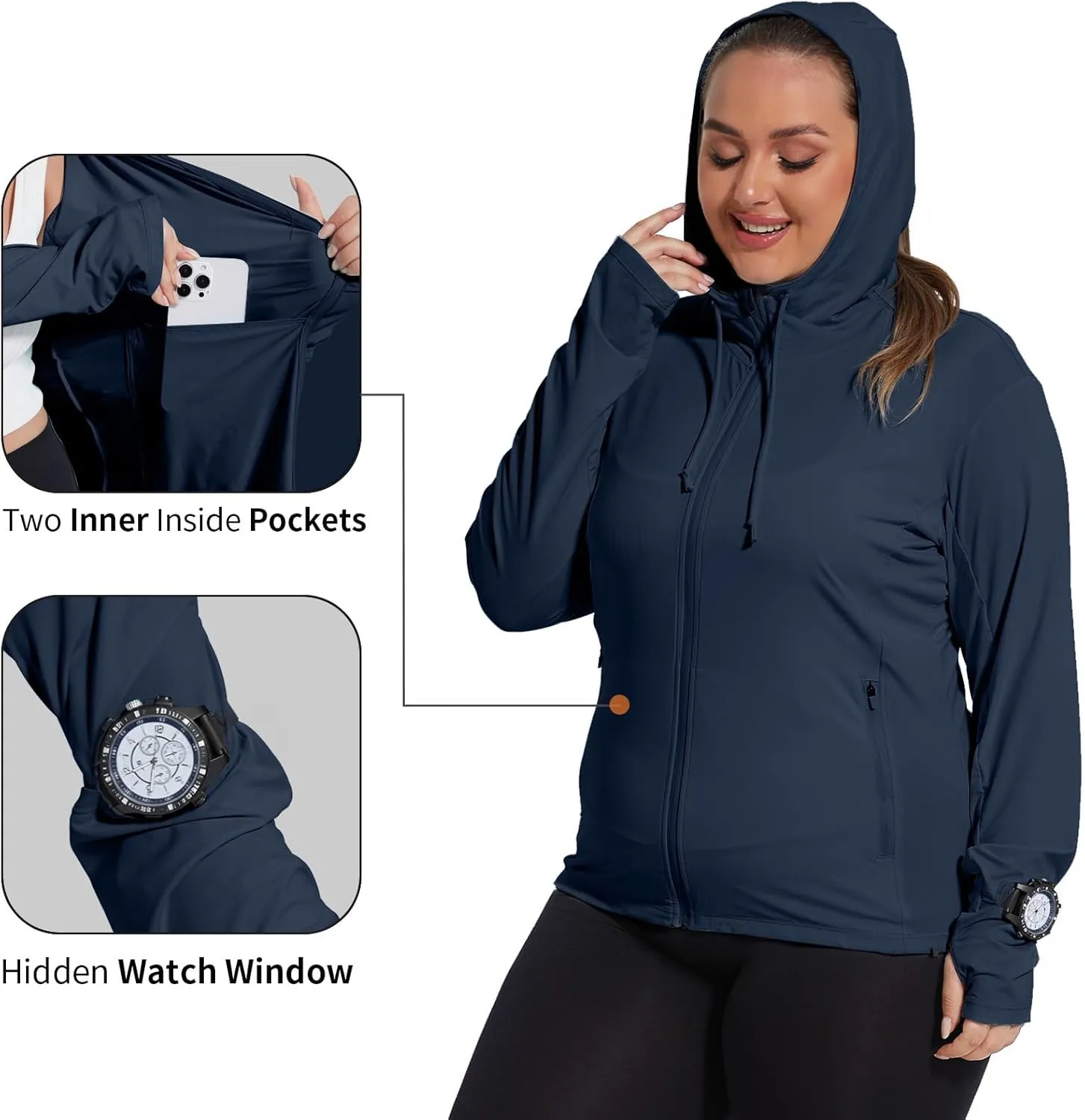 Womens Plus Size Lightweight Sun Protection Jacket SPF Hoodie UPF 50  Full Zip Cooling Summer with Thumb Hole
