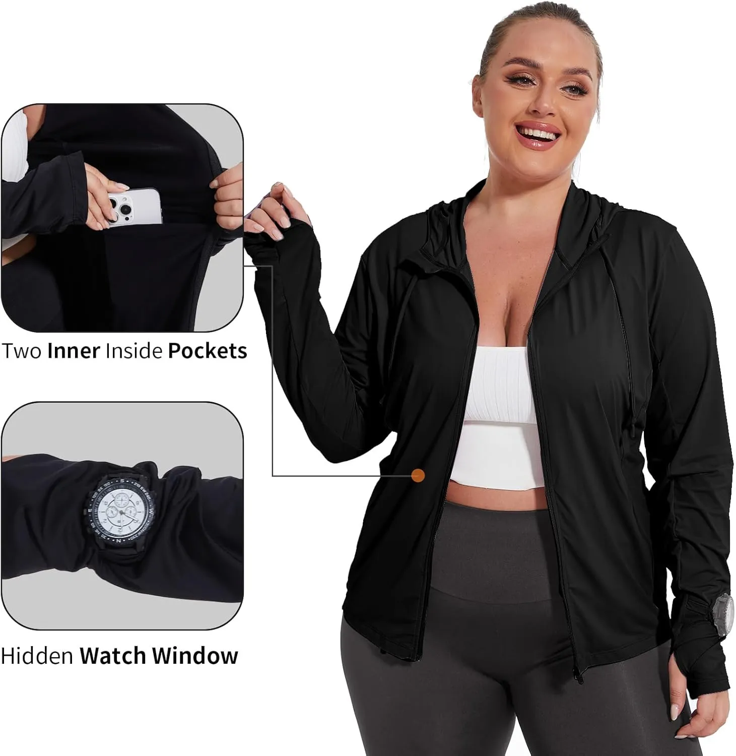 Womens Plus Size Lightweight Sun Protection Jacket SPF Hoodie UPF 50  Full Zip Cooling Summer with Thumb Hole