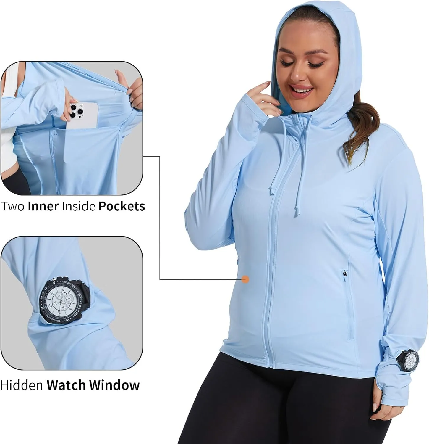 Womens Plus Size Lightweight Sun Protection Jacket SPF Hoodie UPF 50  Full Zip Cooling Summer with Thumb Hole