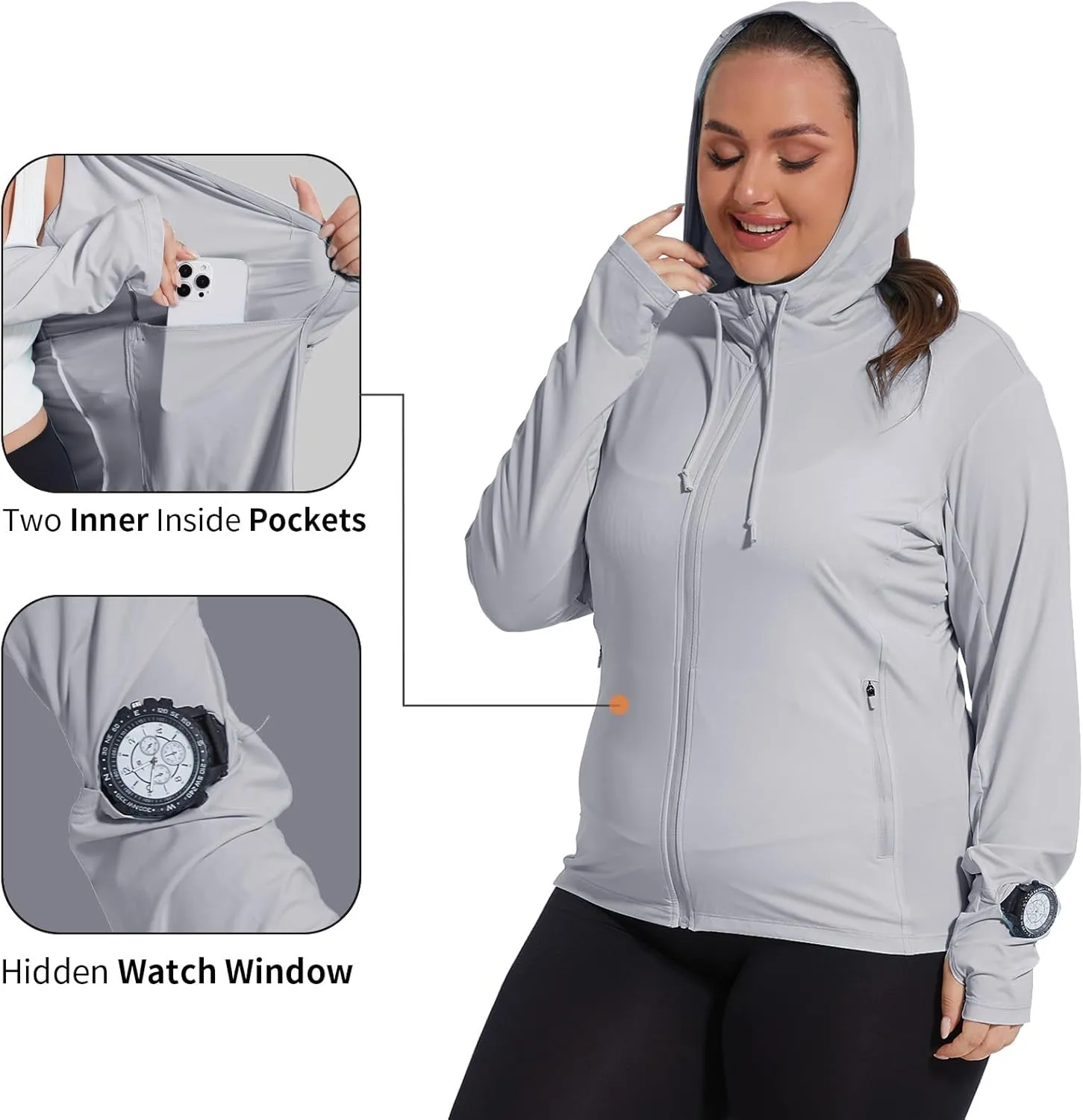 Womens Plus Size Lightweight Sun Protection Jacket SPF Hoodie UPF 50  Full Zip Cooling Summer with Thumb Hole