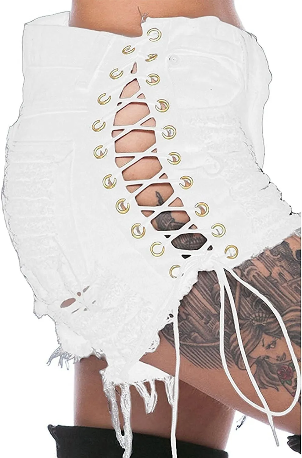 Women's Ripped Hole Denim Shorts Side Straps Sexy Mini Hot Pants