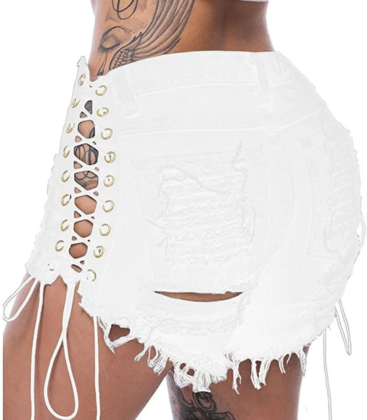 Women's Ripped Hole Denim Shorts Side Straps Sexy Mini Hot Pants