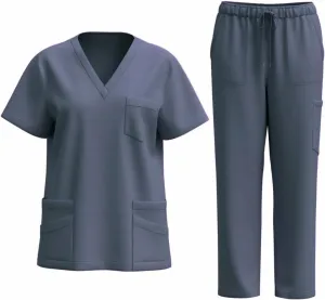 Womens Scrub Sets Stretch 2 Piece Outfits Nursing Uniforms Suit V Neck Tops with Drawstring Jogger Pants with Pocket