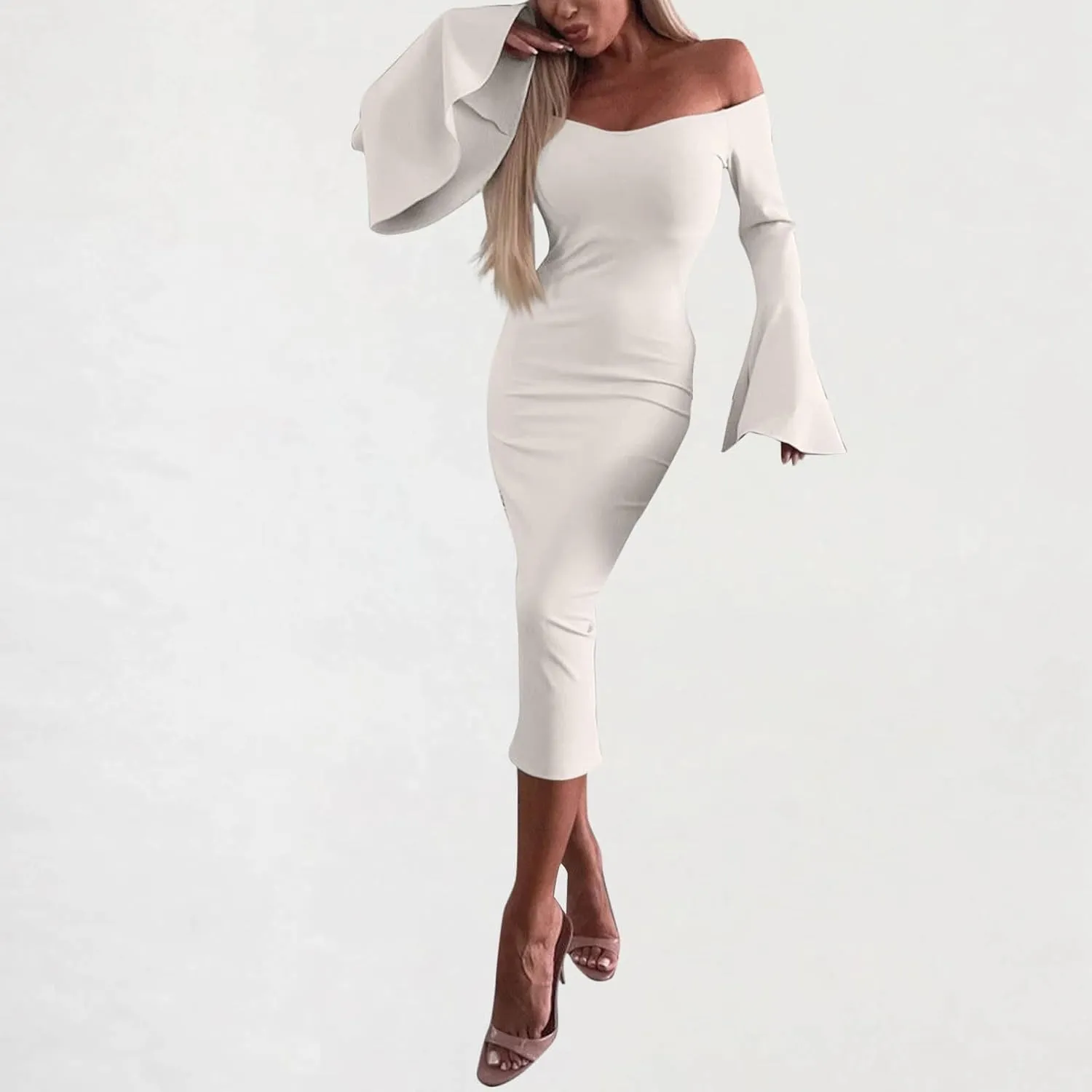 Women's Sexy Off The Shoulder Bodycon Midi Dresses Elegant Trendy Dressy Long Sleeve Evening Cocktail Party Dress