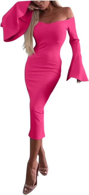 Women's Sexy Off The Shoulder Bodycon Midi Dresses Elegant Trendy Dressy Long Sleeve Evening Cocktail Party Dress