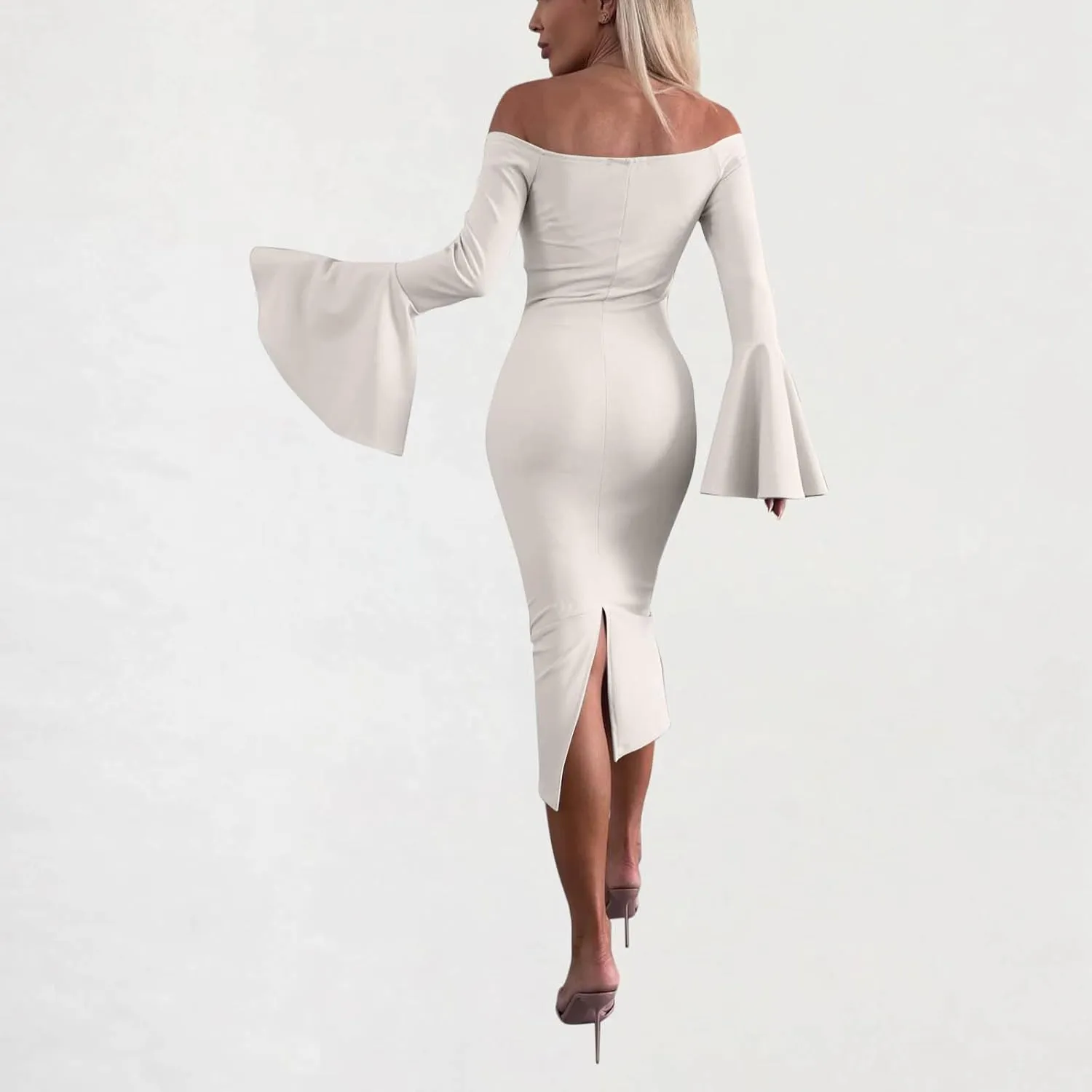 Women's Sexy Off The Shoulder Bodycon Midi Dresses Elegant Trendy Dressy Long Sleeve Evening Cocktail Party Dress