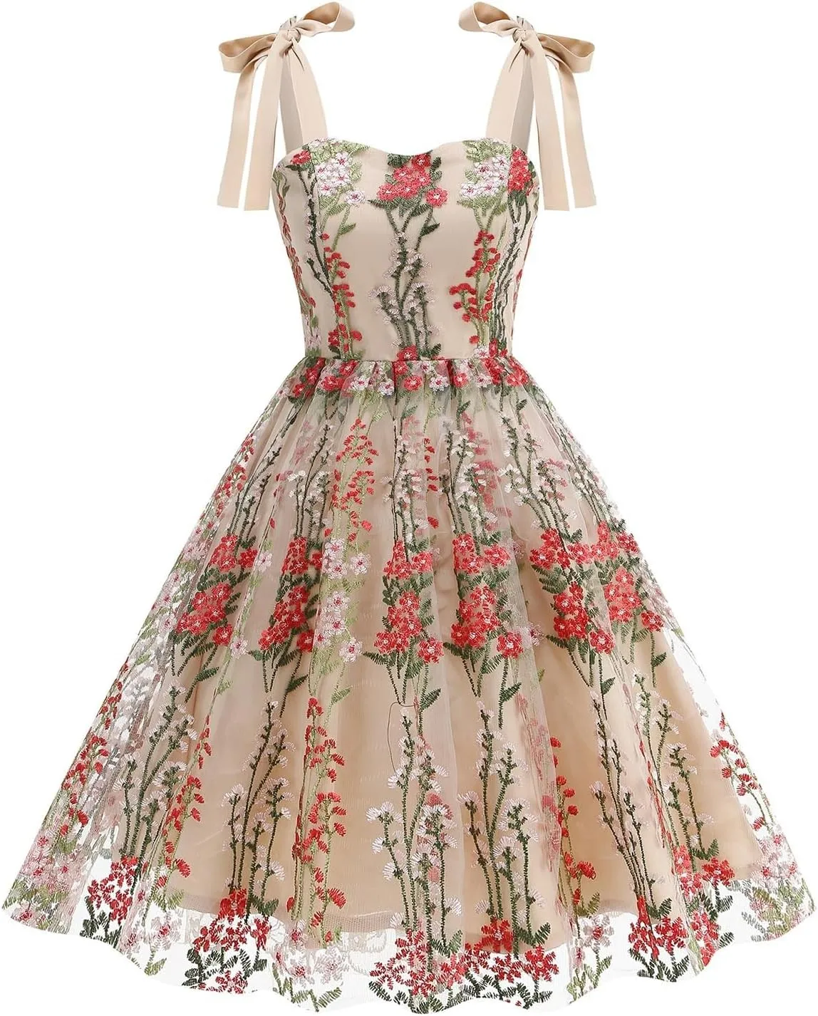 Women's Spaghetti Strap Floral Dress Mesh Lace Embroidery Pleated Casual Summer Party Dresses Boho Flowy Midi Dress
