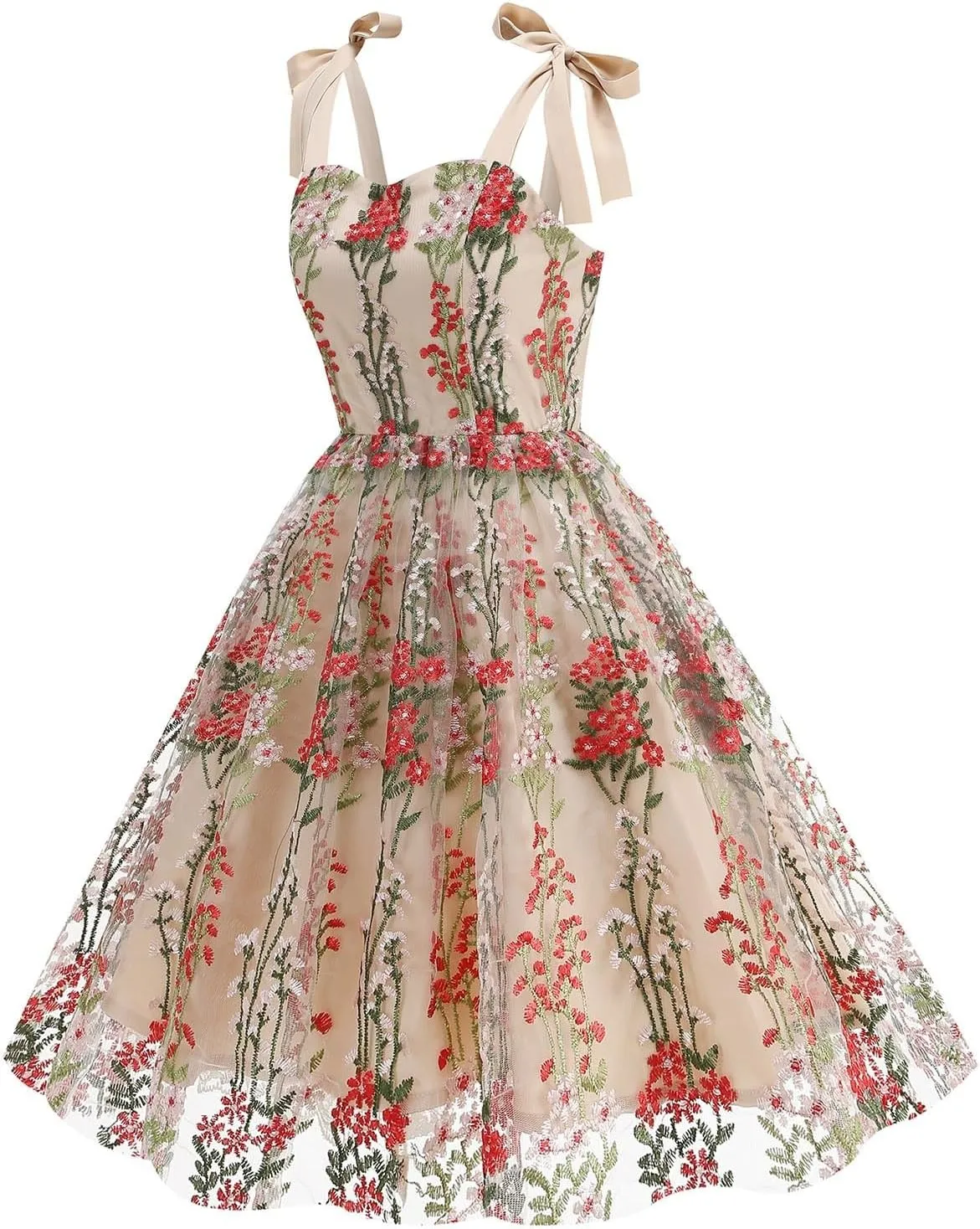 Women's Spaghetti Strap Floral Dress Mesh Lace Embroidery Pleated Casual Summer Party Dresses Boho Flowy Midi Dress