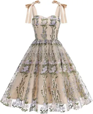 Women's Spaghetti Strap Floral Dress Mesh Lace Embroidery Pleated Casual Summer Party Dresses Boho Flowy Midi Dress