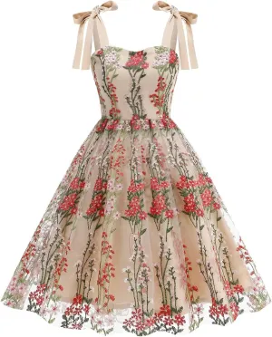 Women's Spaghetti Strap Floral Dress Mesh Lace Embroidery Pleated Casual Summer Party Dresses Boho Flowy Midi Dress
