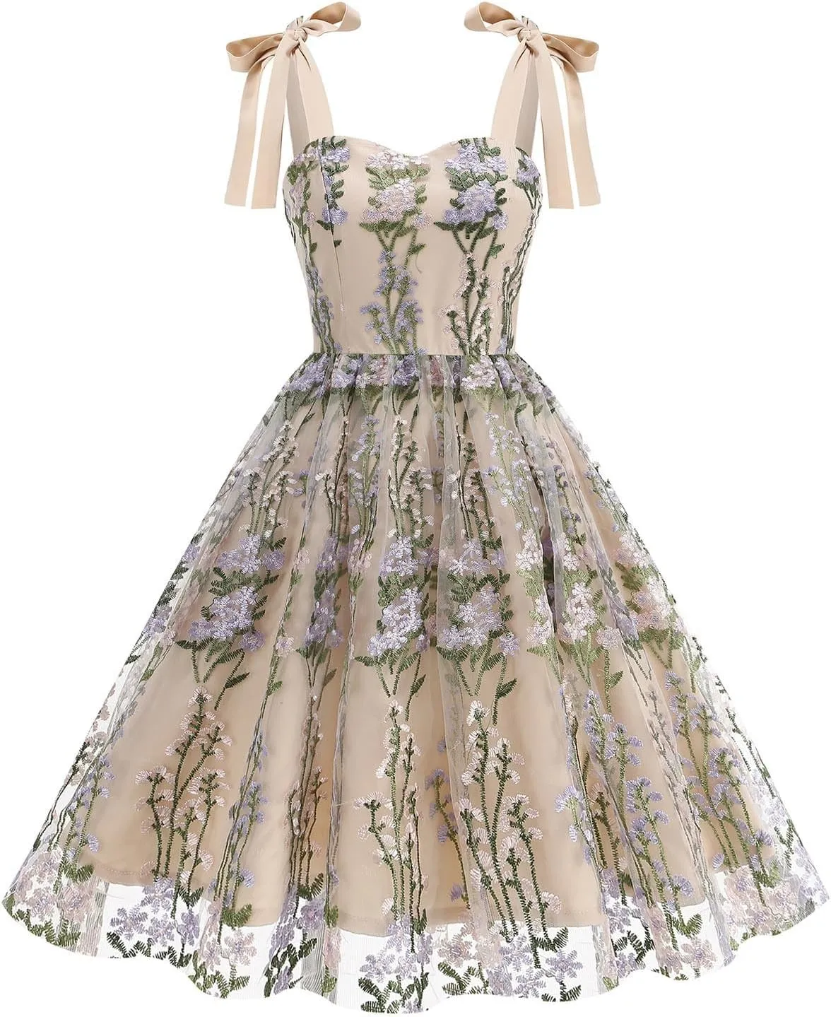 Women's Spaghetti Strap Floral Dress Mesh Lace Embroidery Pleated Casual Summer Party Dresses Boho Flowy Midi Dress
