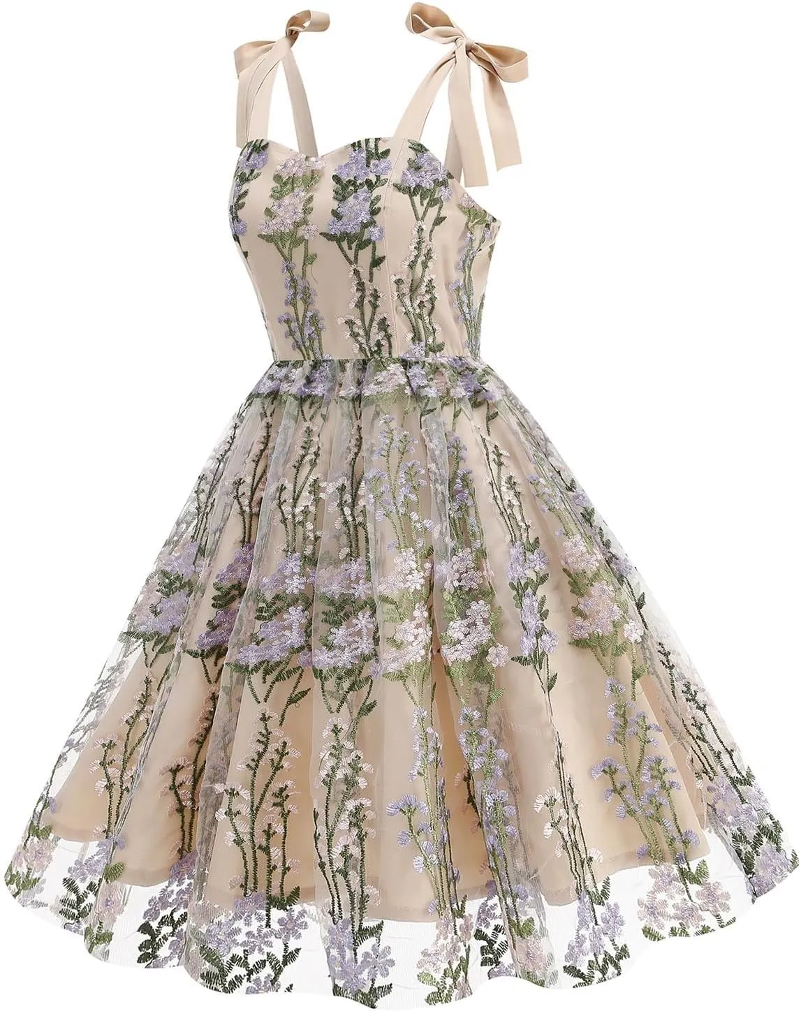 Women's Spaghetti Strap Floral Dress Mesh Lace Embroidery Pleated Casual Summer Party Dresses Boho Flowy Midi Dress