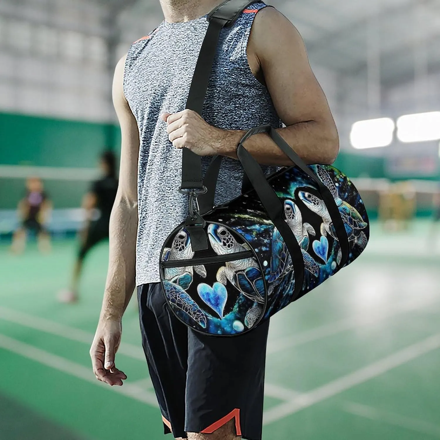 Womens Sports Gym Bag Trippy Space Sea Water Love Tortoise Turtle Art Overnight Duffel Bag with Pocket Portable Waterproof Travel Fitness Handbag