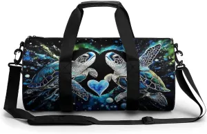 Womens Sports Gym Bag Trippy Space Sea Water Love Tortoise Turtle Art Overnight Duffel Bag with Pocket Portable Waterproof Travel Fitness Handbag