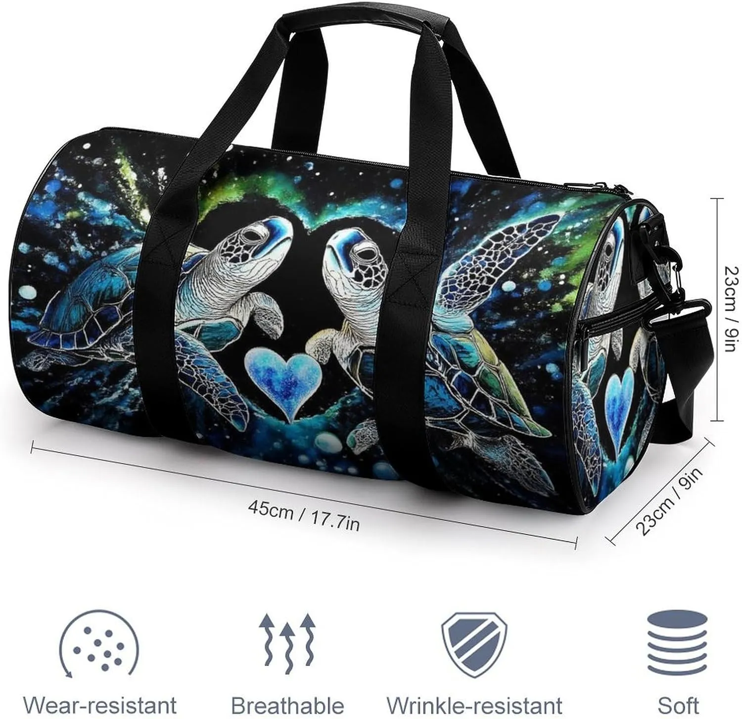 Womens Sports Gym Bag Trippy Space Sea Water Love Tortoise Turtle Art Overnight Duffel Bag with Pocket Portable Waterproof Travel Fitness Handbag