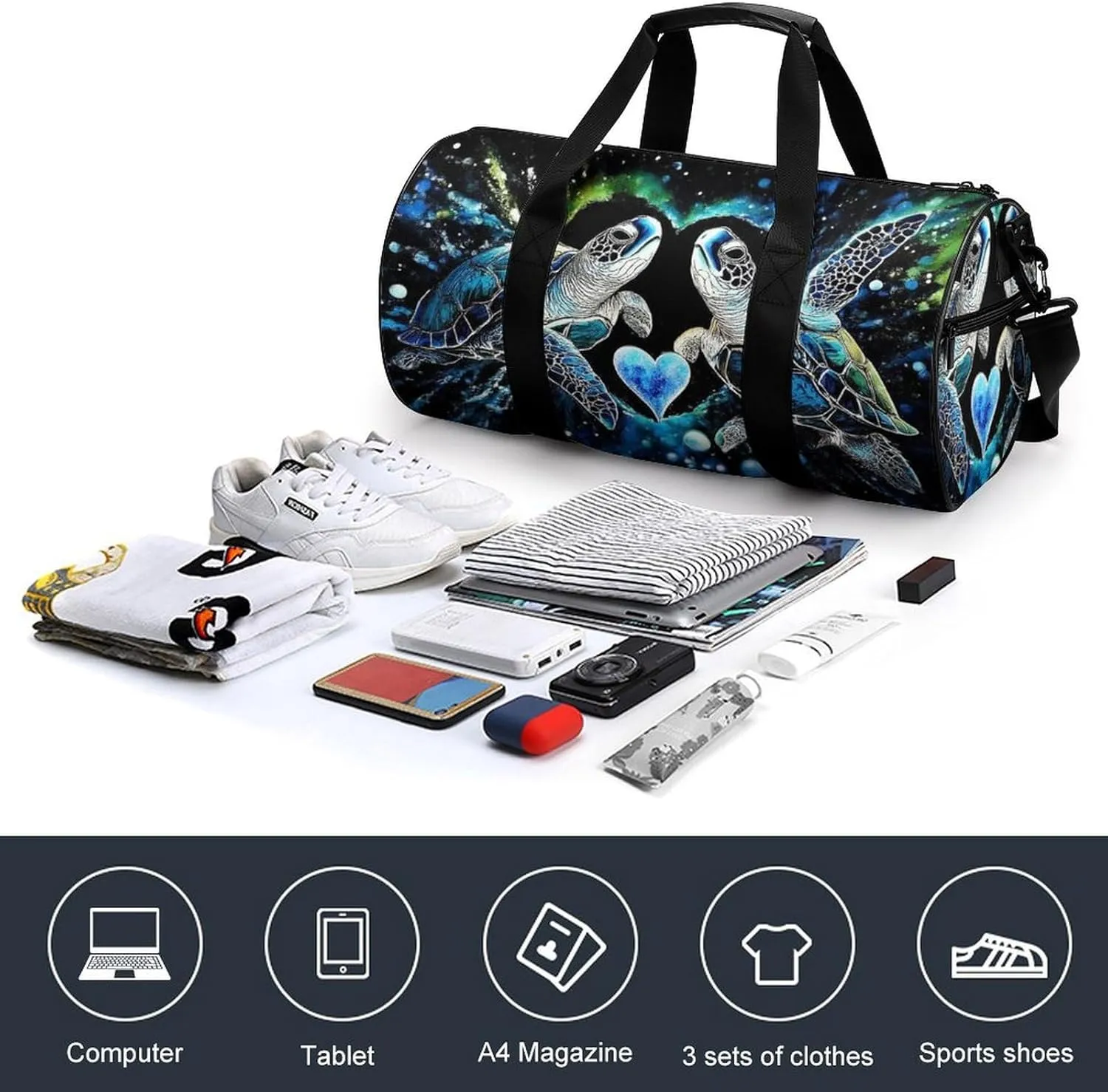Womens Sports Gym Bag Trippy Space Sea Water Love Tortoise Turtle Art Overnight Duffel Bag with Pocket Portable Waterproof Travel Fitness Handbag