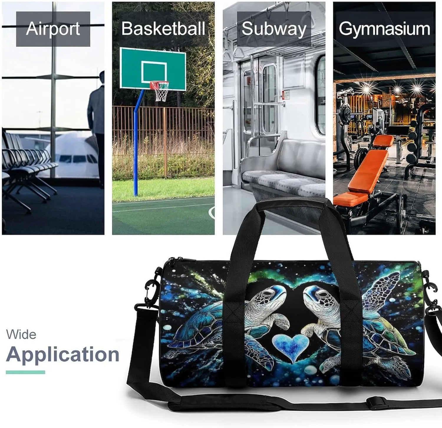 Womens Sports Gym Bag Trippy Space Sea Water Love Tortoise Turtle Art Overnight Duffel Bag with Pocket Portable Waterproof Travel Fitness Handbag