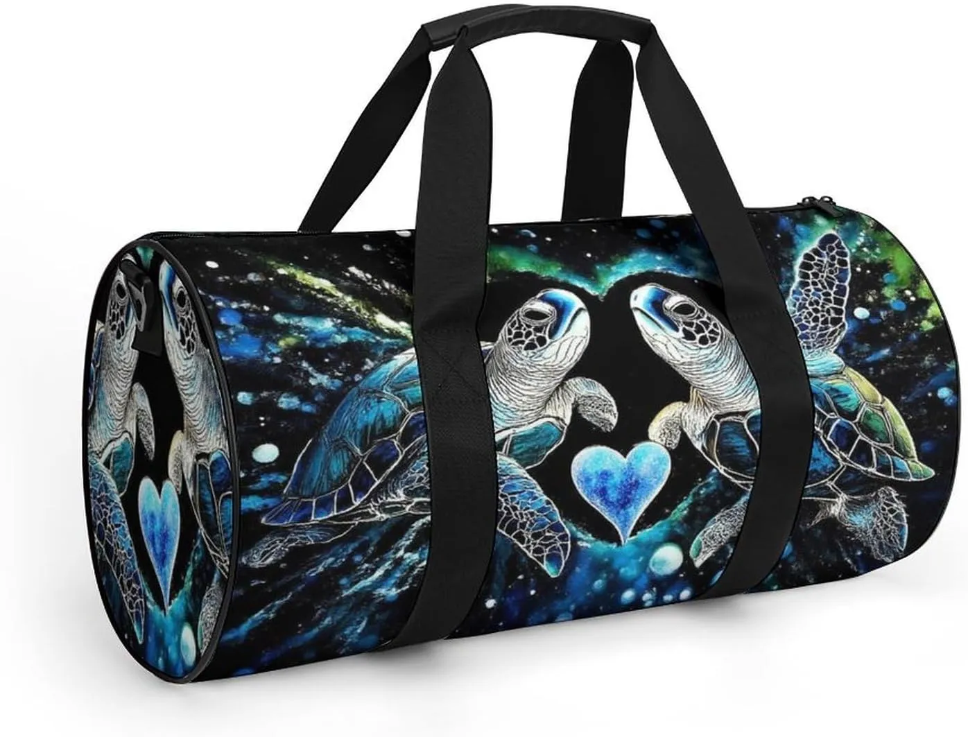 Womens Sports Gym Bag Trippy Space Sea Water Love Tortoise Turtle Art Overnight Duffel Bag with Pocket Portable Waterproof Travel Fitness Handbag