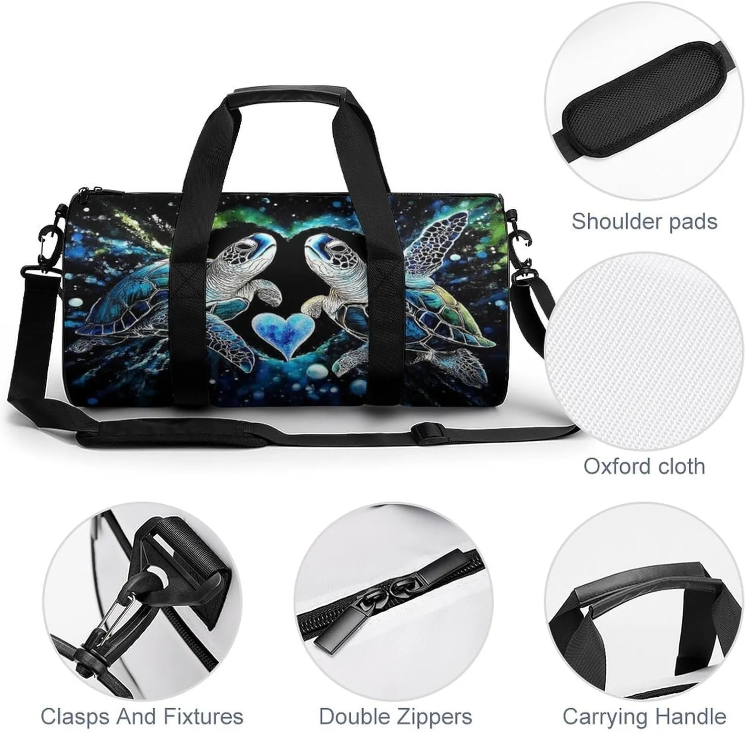 Womens Sports Gym Bag Trippy Space Sea Water Love Tortoise Turtle Art Overnight Duffel Bag with Pocket Portable Waterproof Travel Fitness Handbag