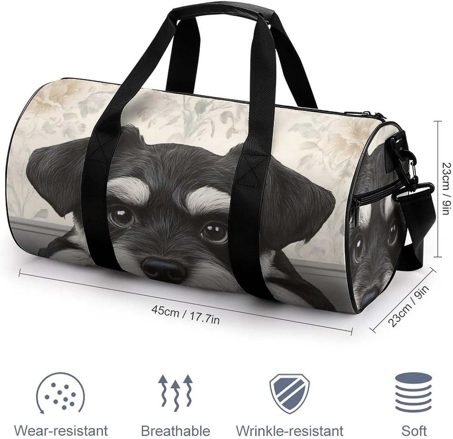 Womens Sports Gym Tote Bag Waterproof Weekender Overnight Handbag Schnauzer Cute Dog Duffel Bag for Yoga Sport Travel