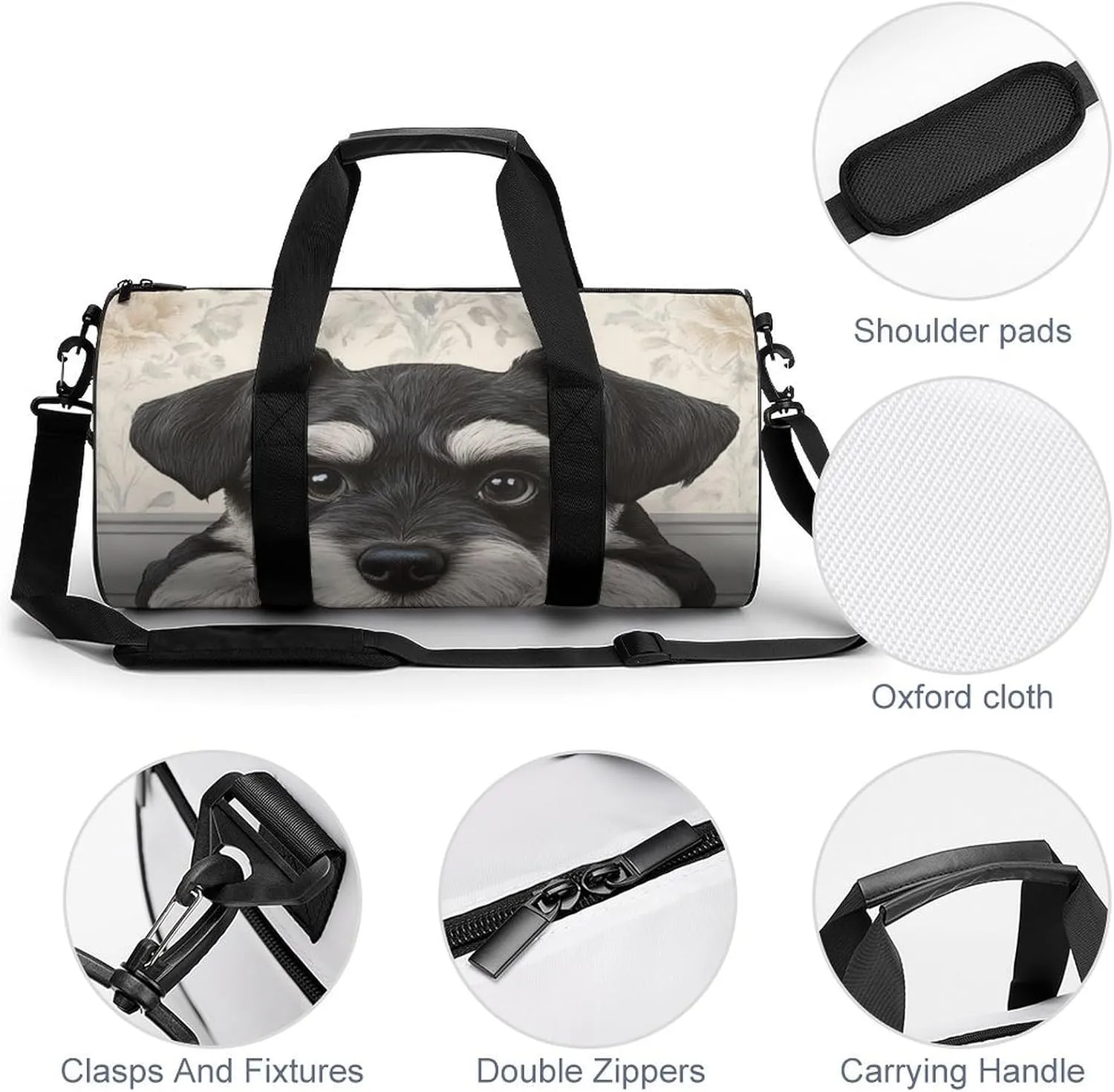 Womens Sports Gym Tote Bag Waterproof Weekender Overnight Handbag Schnauzer Cute Dog Duffel Bag for Yoga Sport Travel
