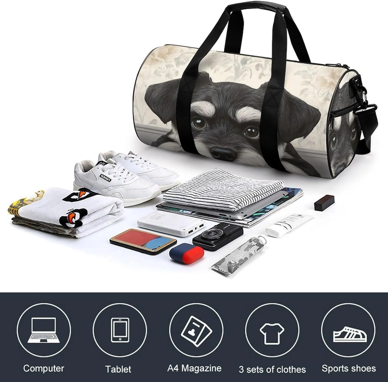 Womens Sports Gym Tote Bag Waterproof Weekender Overnight Handbag Schnauzer Cute Dog Duffel Bag for Yoga Sport Travel