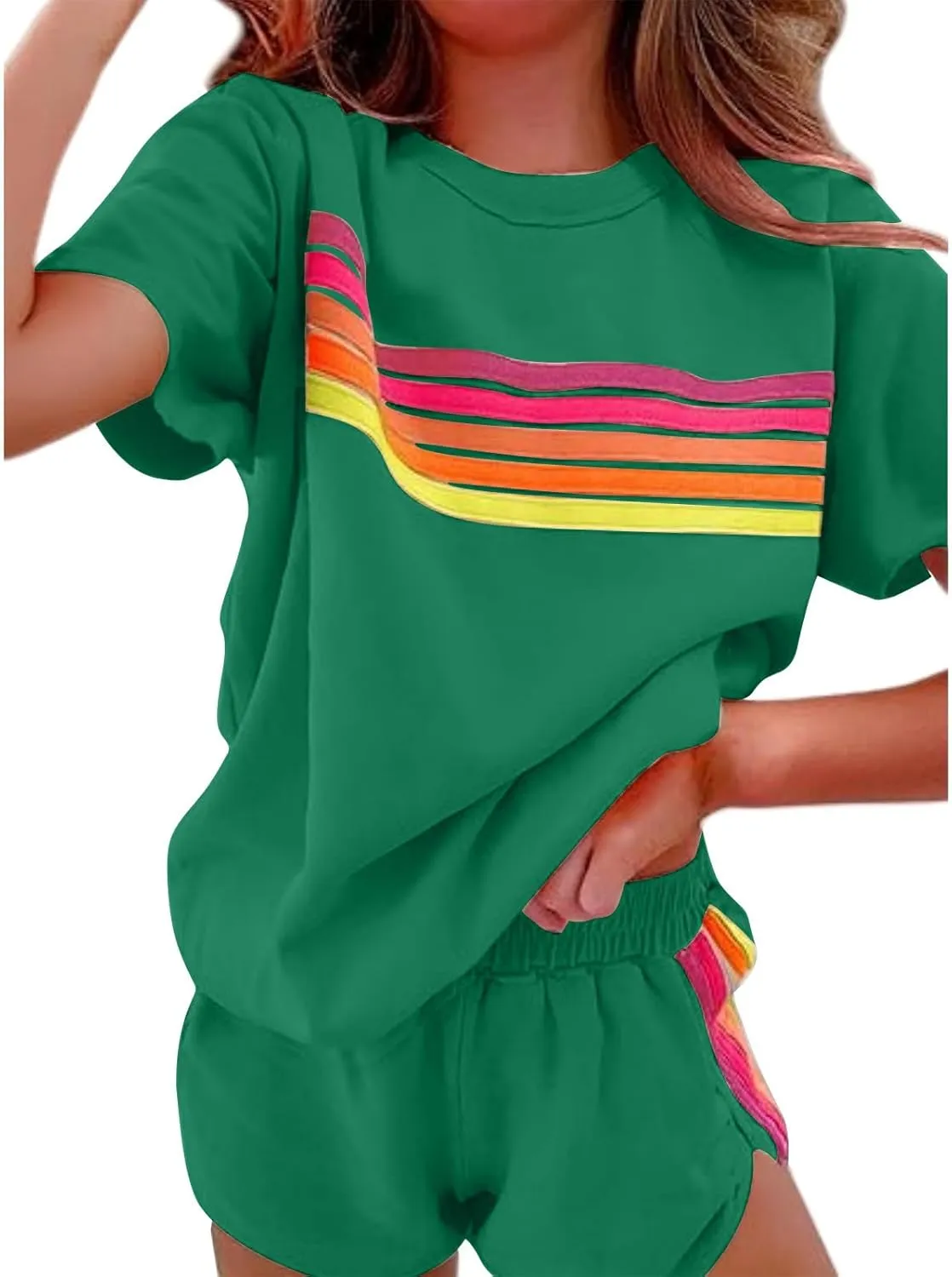 Womens Summer 2 Piece Sets Striped Short Sleeve T Shirts and Shorts Loungewear Matching Set Tracksuit Sweatsuit