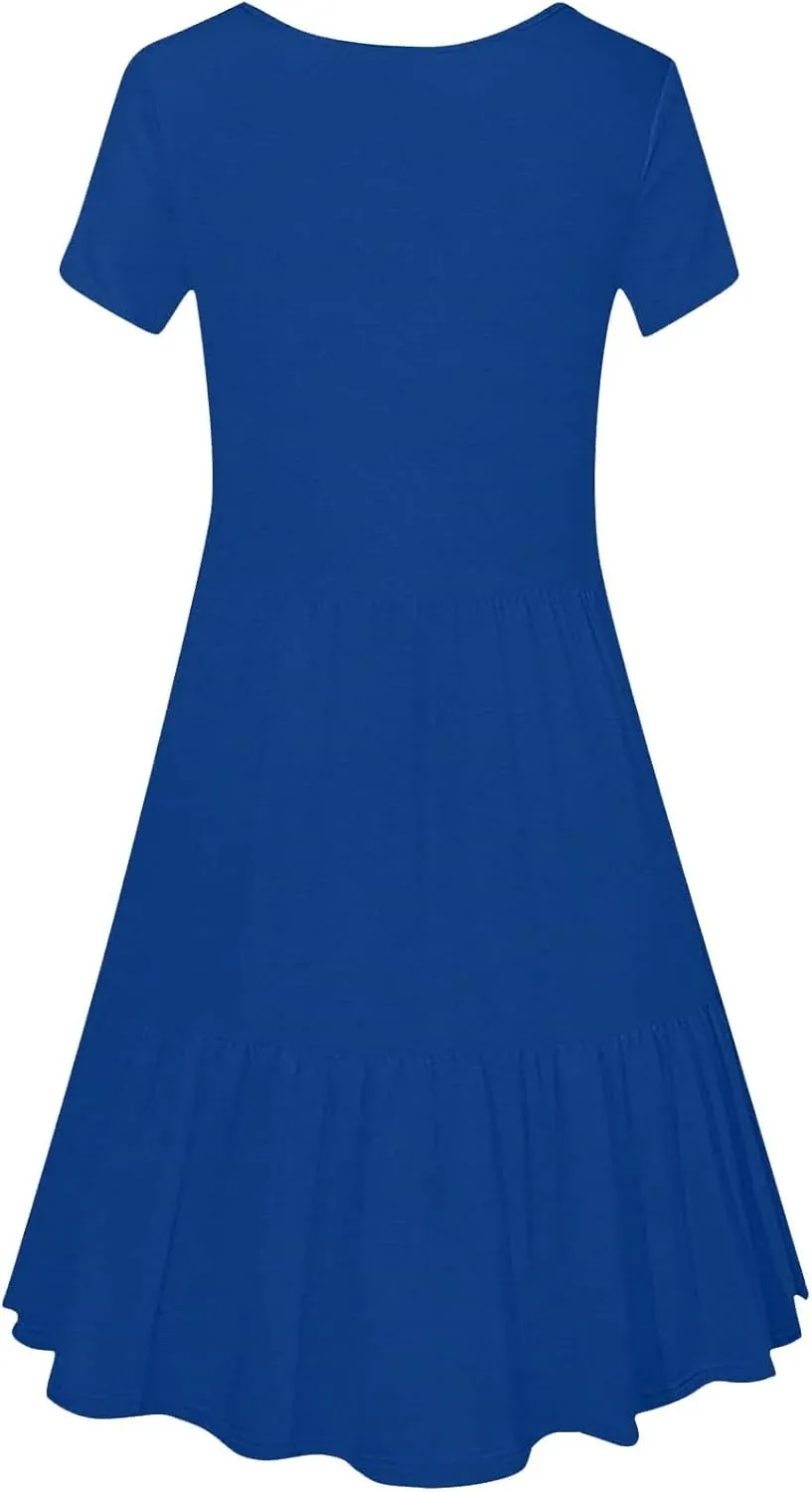 Women's Summer Casual Short Sleeve Square Neck Swing Dress Basic Flowy Midi Beach Dress Solid Color Wrap Sundress