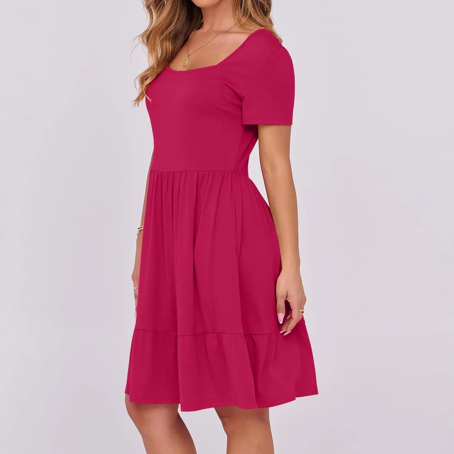Women's Summer Casual Short Sleeve Square Neck Swing Dress Basic Flowy Midi Beach Dress Solid Color Wrap Sundress