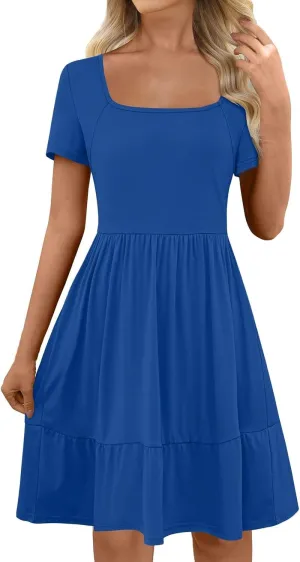 Women's Summer Casual Short Sleeve Square Neck Swing Dress Basic Flowy Midi Beach Dress Solid Color Wrap Sundress