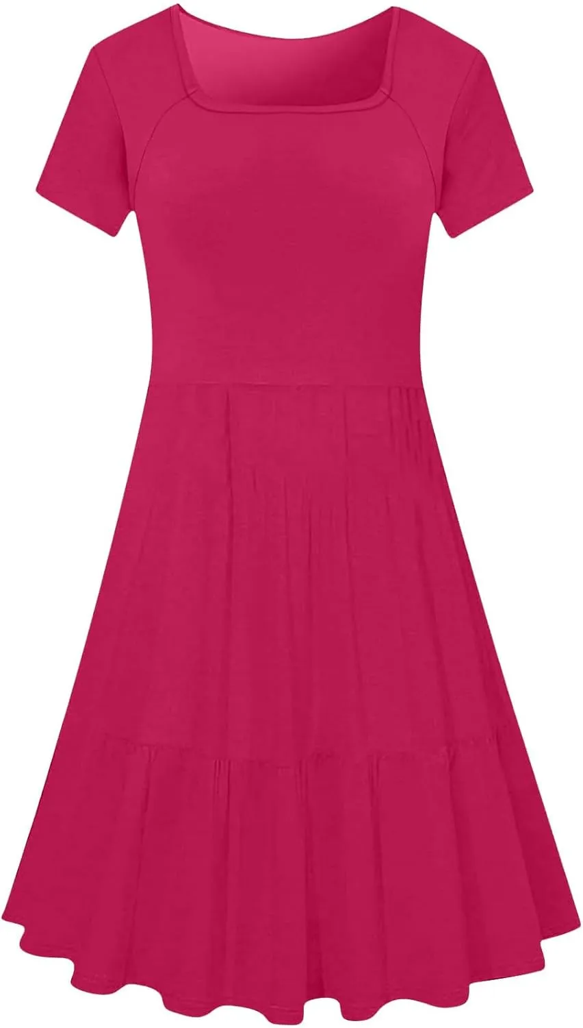 Women's Summer Casual Short Sleeve Square Neck Swing Dress Basic Flowy Midi Beach Dress Solid Color Wrap Sundress